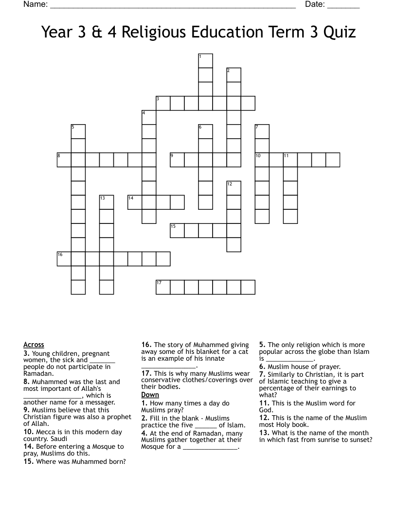 Year 3 & 4 Religious Education Term 3 Quiz Crossword