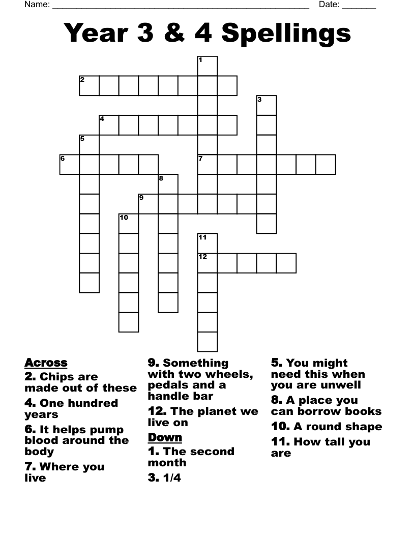 Year 3 & 4 Spellings Crossword