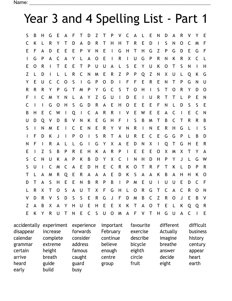 Year 3 and 4 Spelling List - Part 1 Word Search