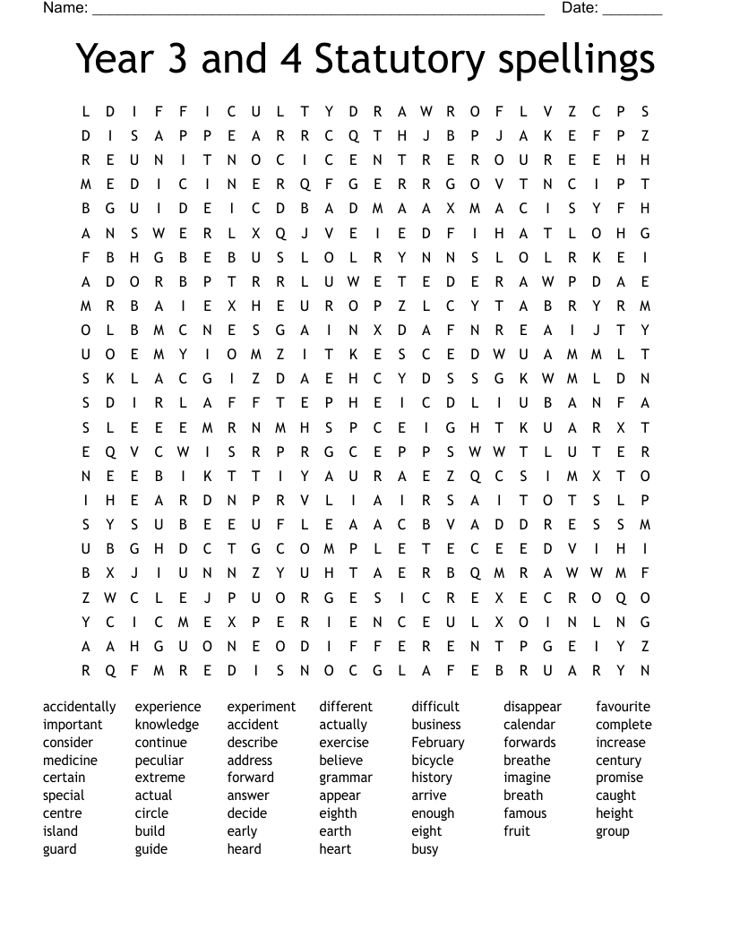 Year 3 and 4 Statutory spellings Word Search