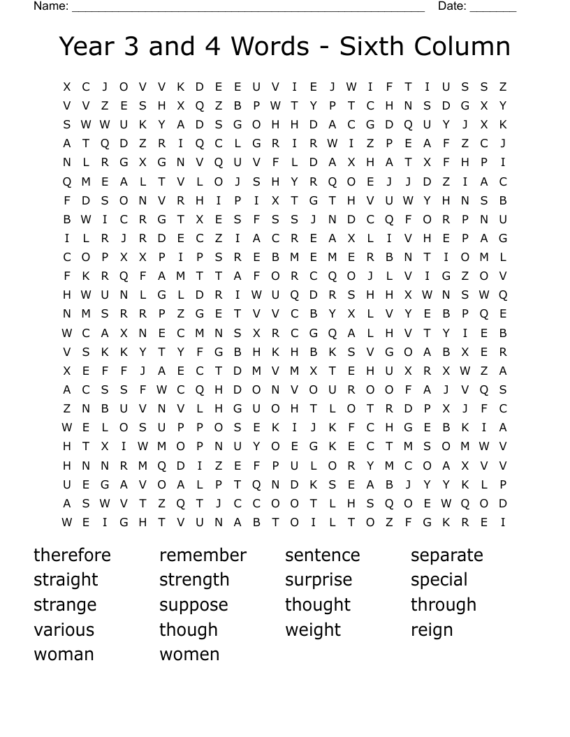 Year 3 and 4 Words - Sixth Column Word Search