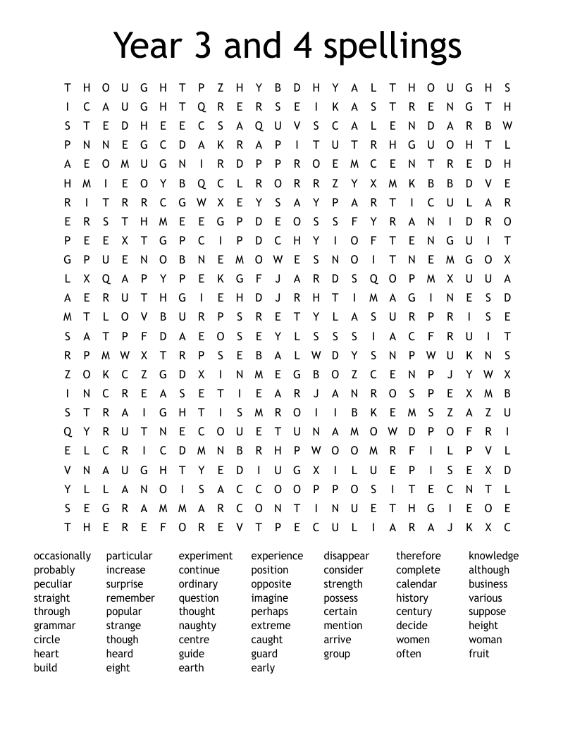 Year 3 and 4 spellings Word Search