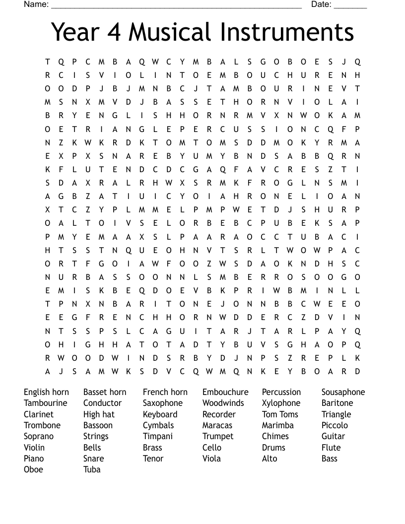 Year 4 Musical Instruments Word Search