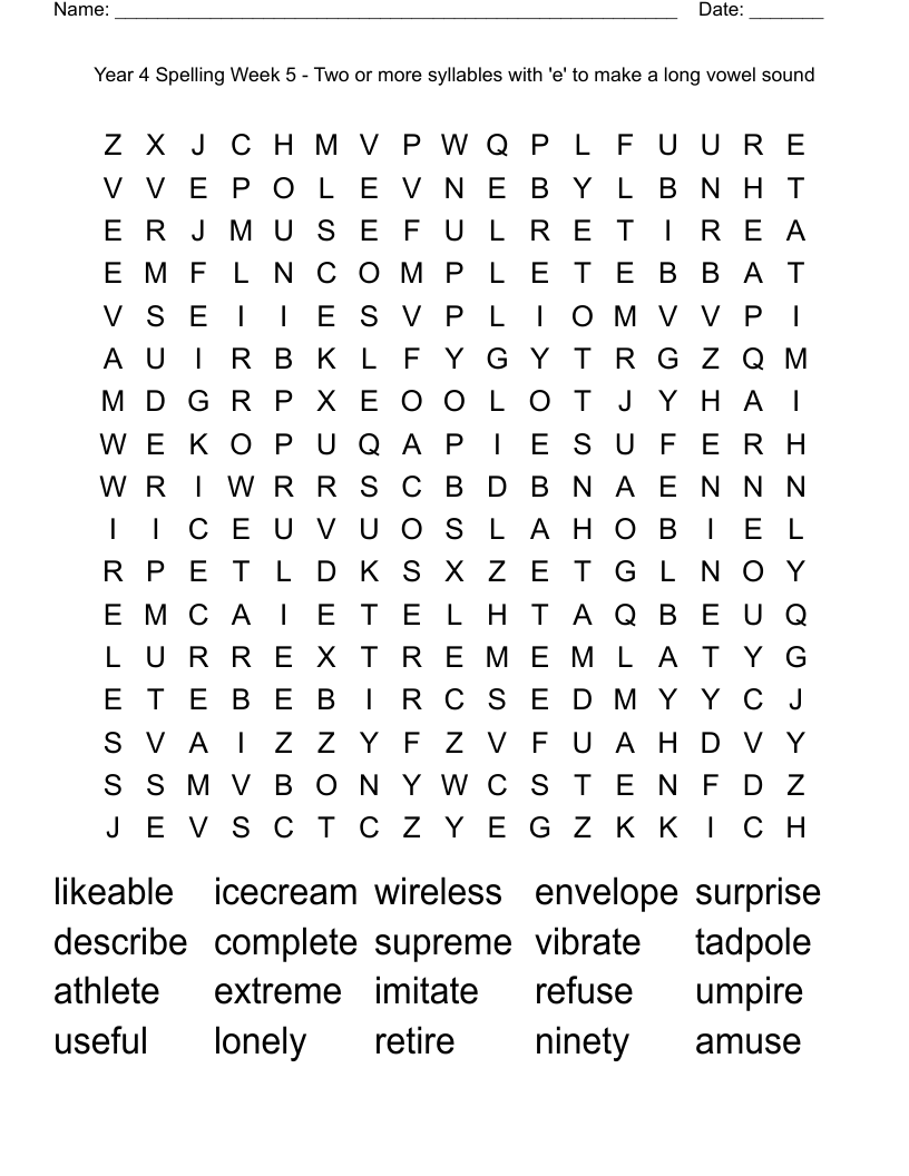 Year 4 Spelling Week 5 - Two or more syllables with 'e' to make a long vowel sound Word Search