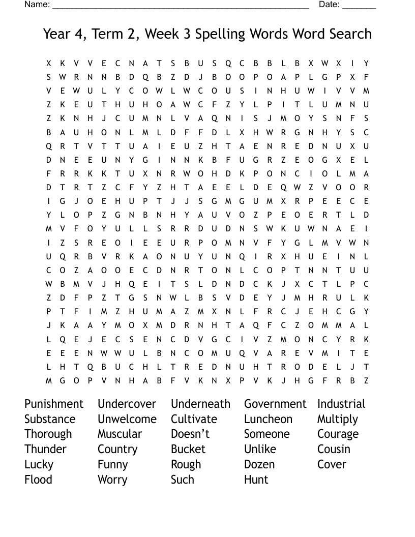 Year 4, Term 2, Week 3 Spelling Words Word Search