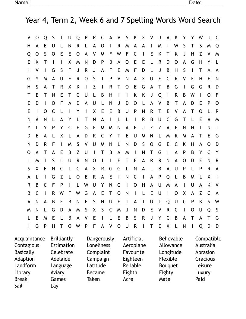 Year 4, Term 2, Week 6 and 7 Spelling Words Word Search