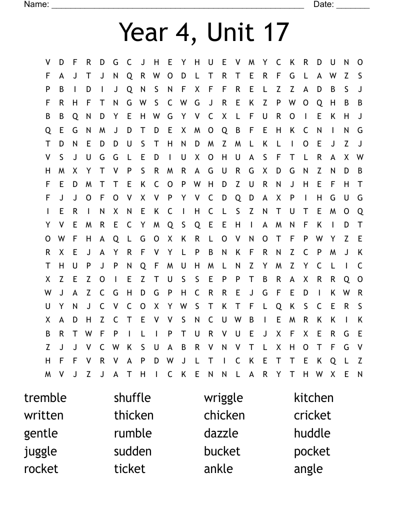 Year 4, Unit 17 Word Search