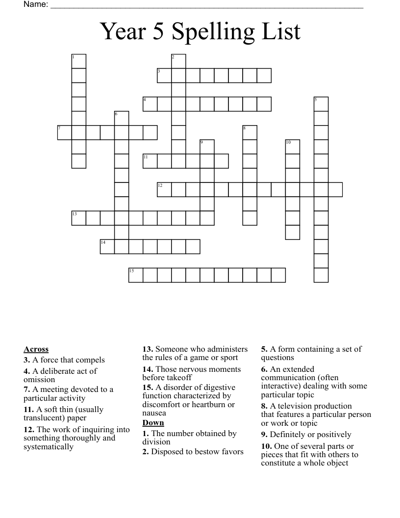 Year 5 Spelling List Crossword