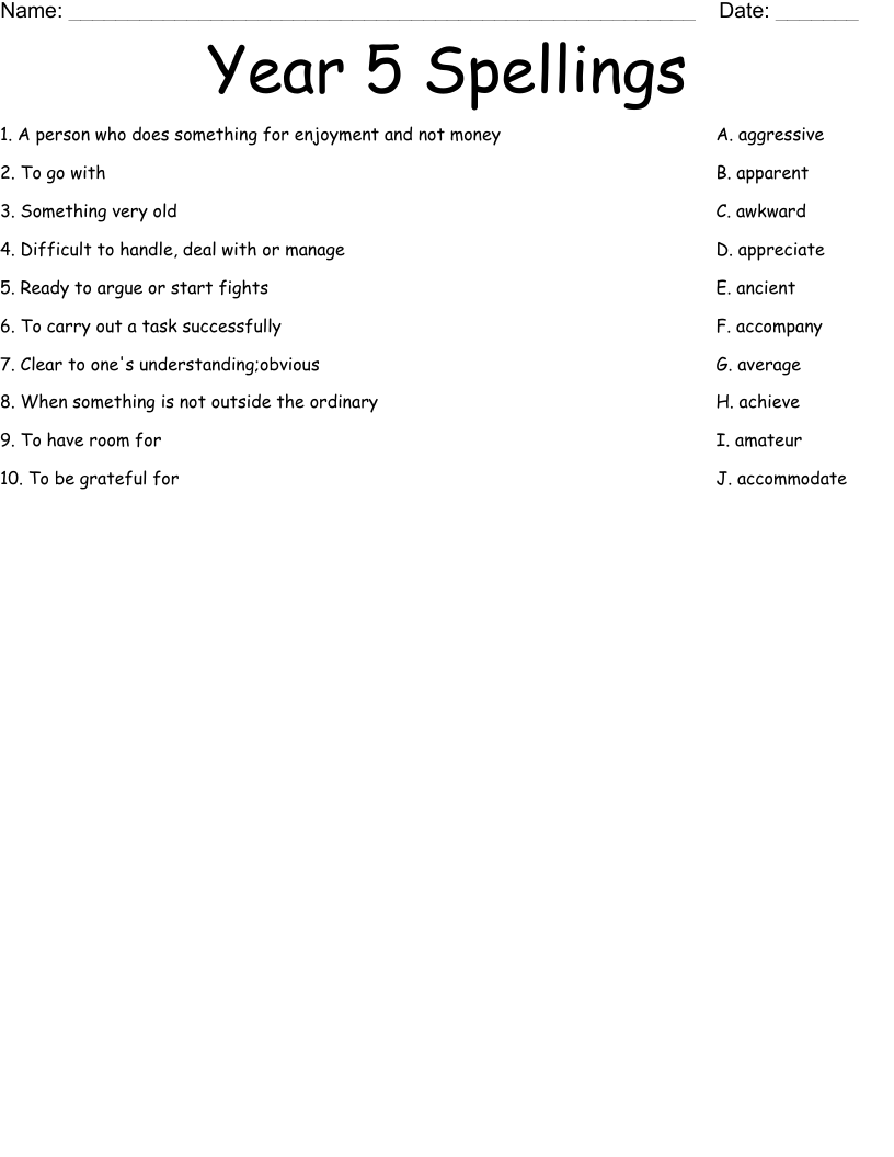 Year 5 Spellings Worksheet