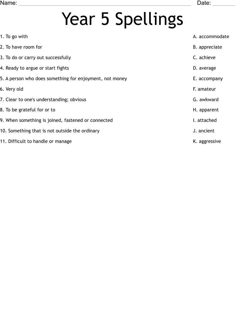 Year 5 Spellings Worksheet