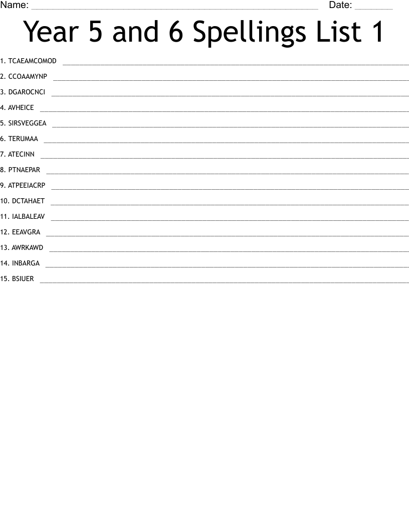 Year 5 and 6 Spellings List 1 Word Scramble