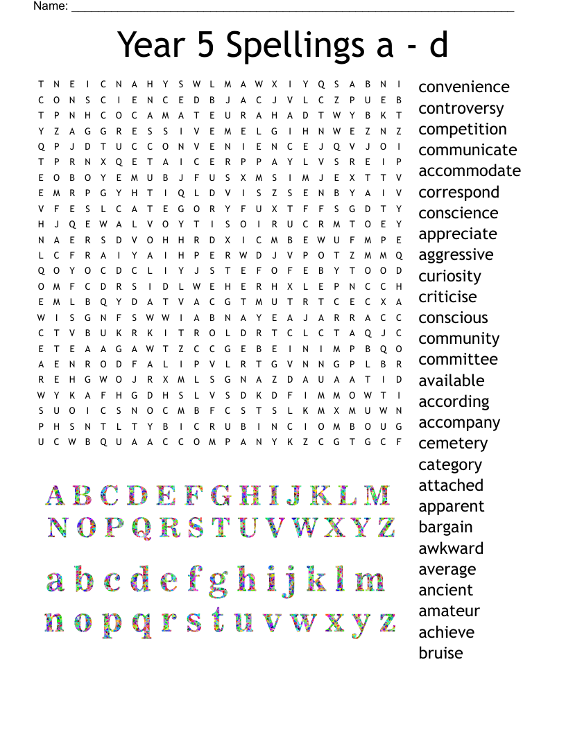 Year 5 Spellings a - d Word Search