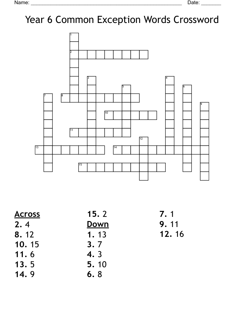 Year 6 Common Exception Words Crossword