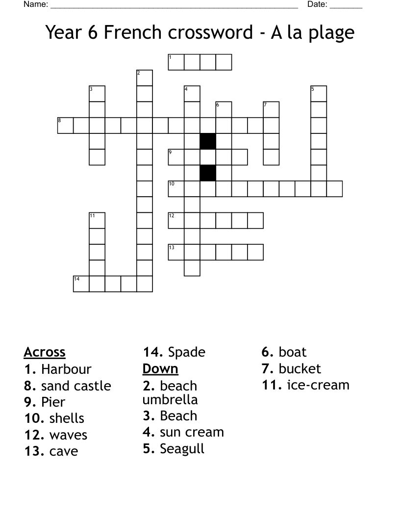 Year 6 French crossword -  A la plage