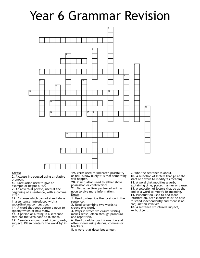 Year 6 Grammar Revision Crossword