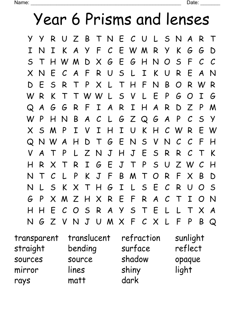 Year 6 Prisms and lenses Word Search