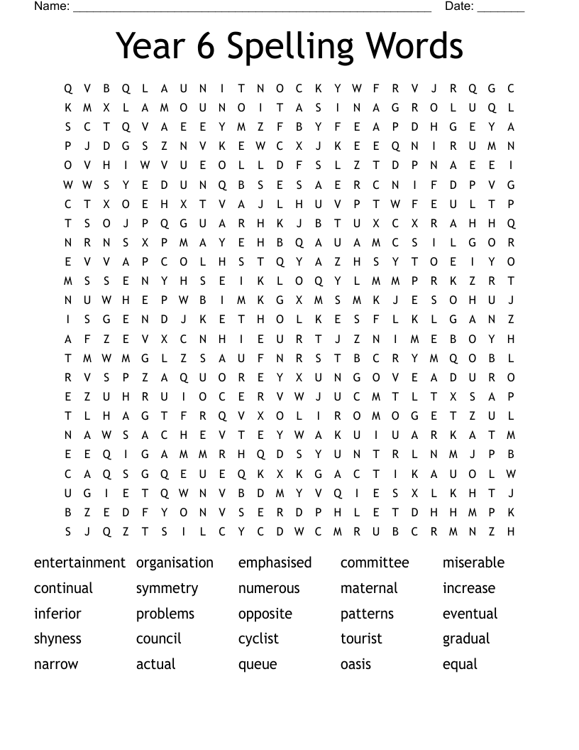Year 6 Spelling Words  Word Search