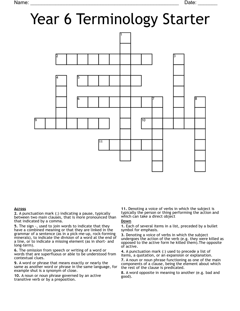 Year 6 Terminology Starter Crossword