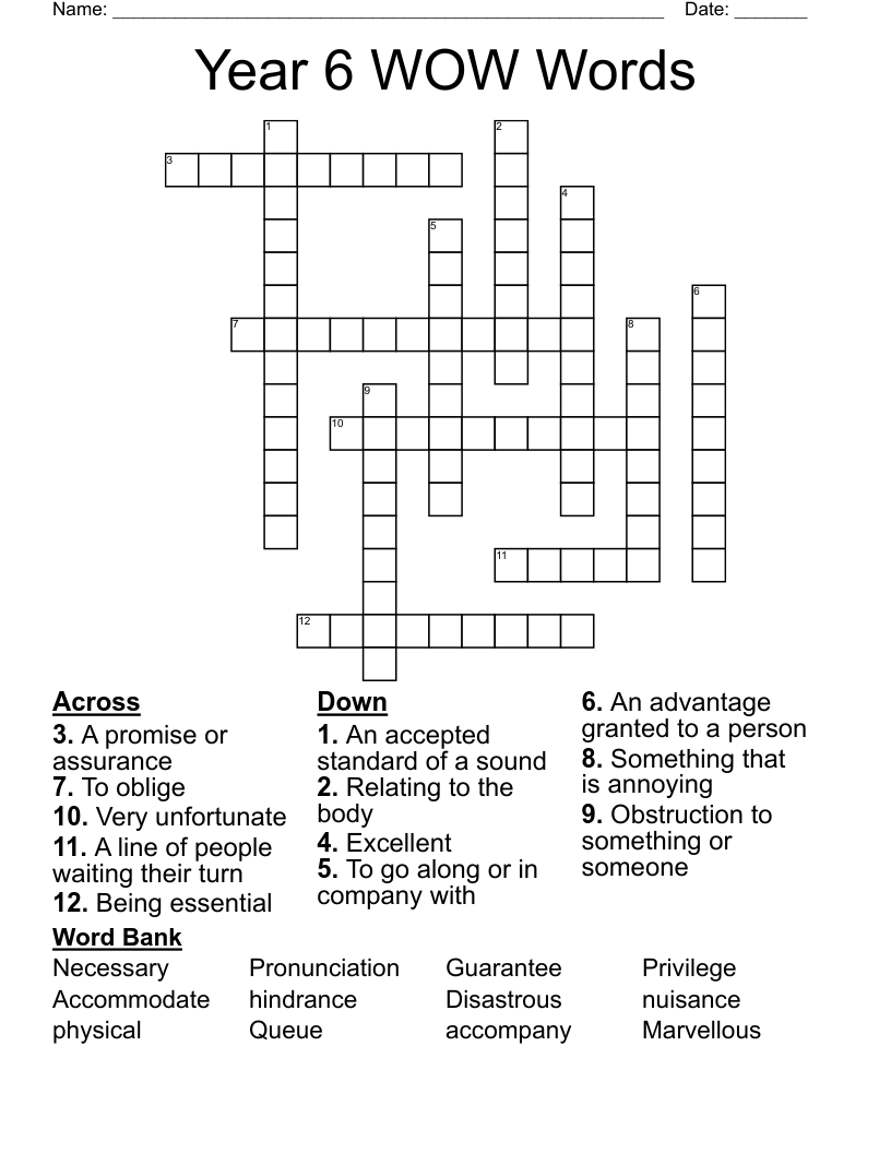 Year 6 WOW Words Crossword