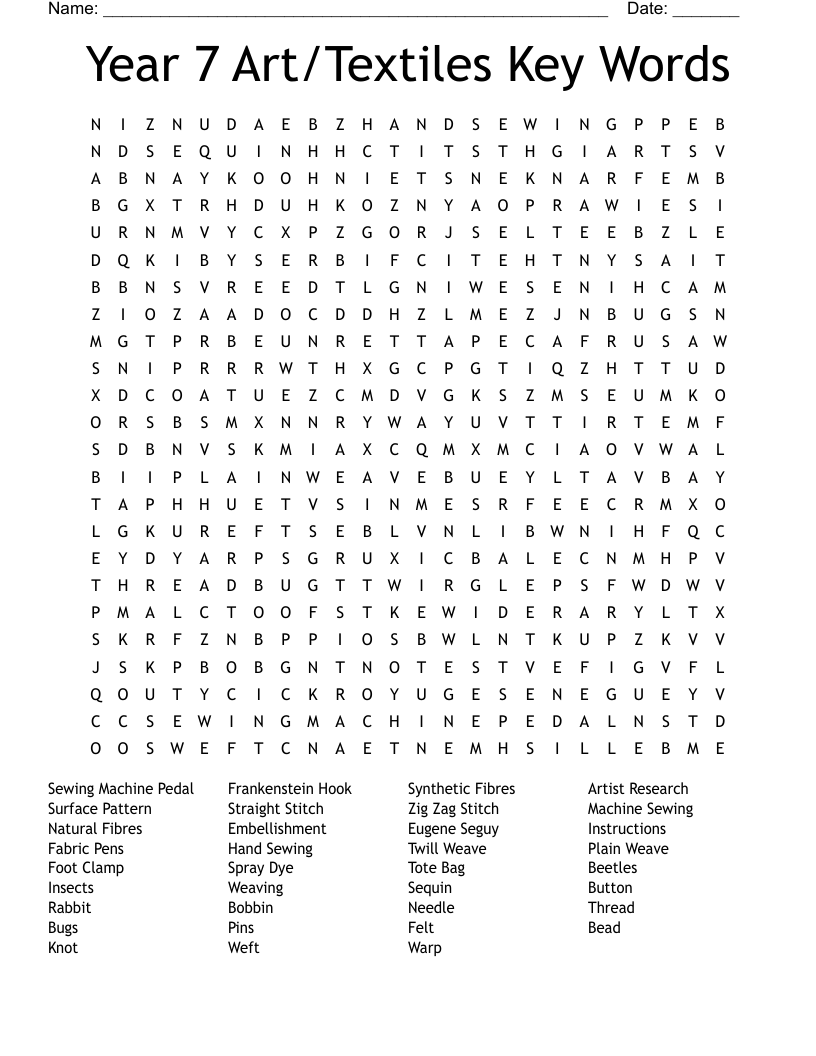 Year 7 Art/Textiles Key Words Word Search