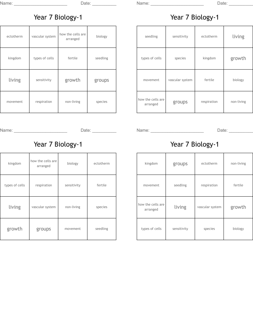 Year 7 Biology-1 Bingo Cards