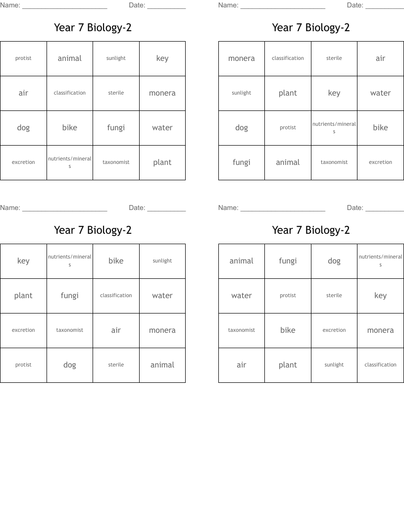 Year 7 Biology-2 Bingo Cards