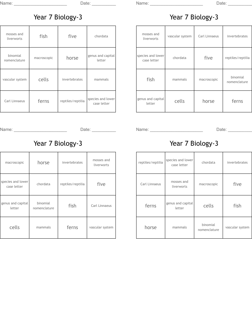 Year 7 Biology-3 Bingo Cards