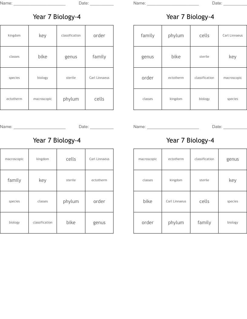 Year 7 Biology-4 Bingo Cards