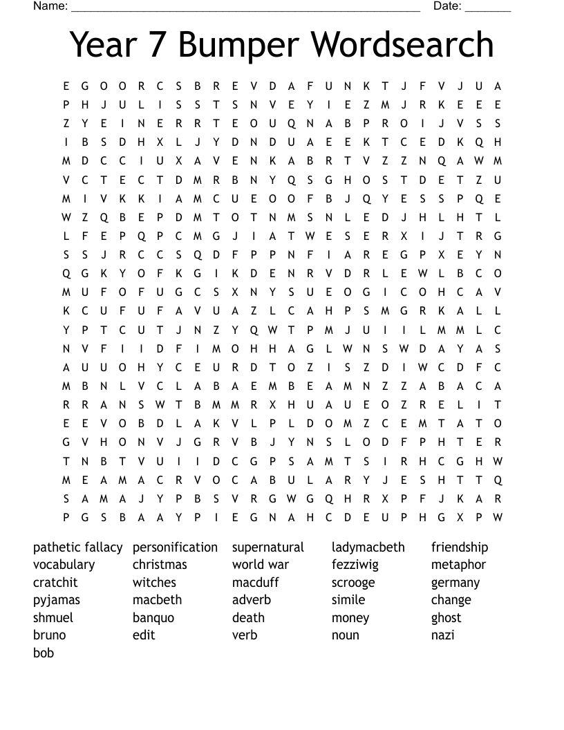 Year 7 Bumper Wordsearch