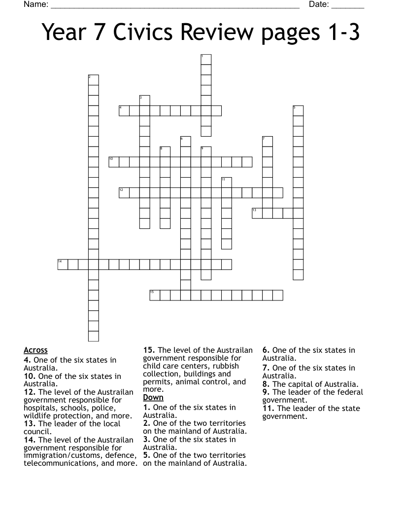 Year 7 Civics Review pages 1-3 Crossword