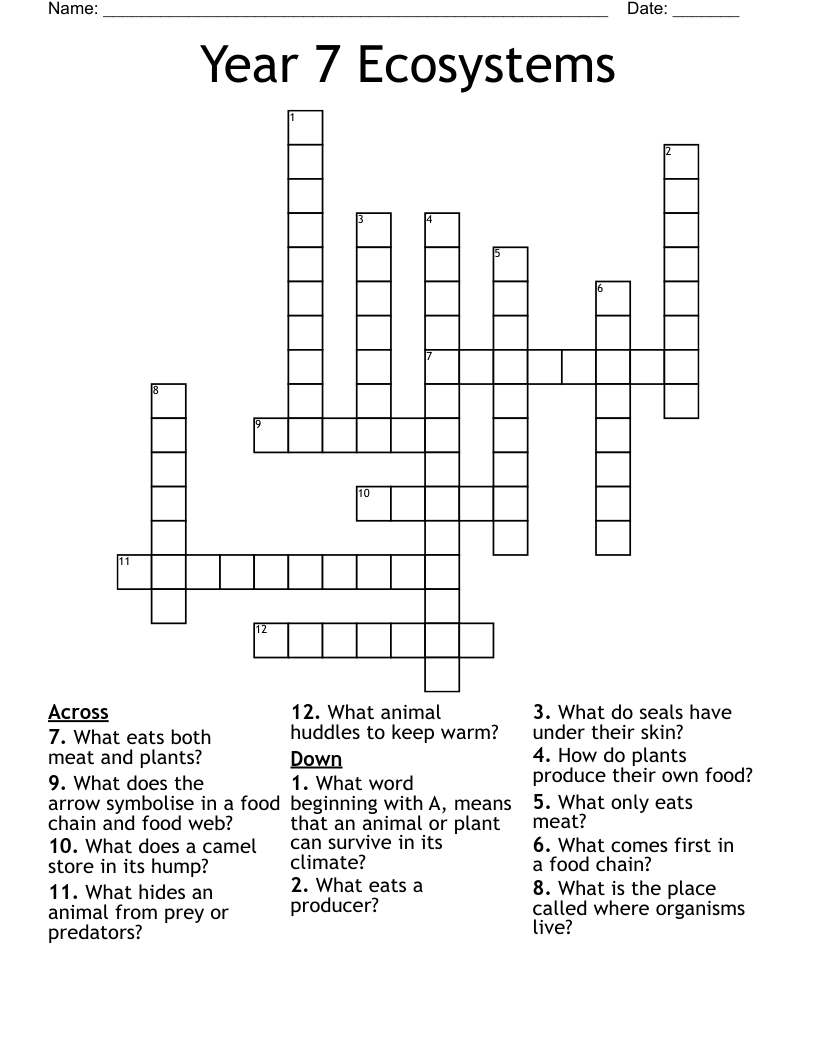Year 7 Ecosystems Crossword