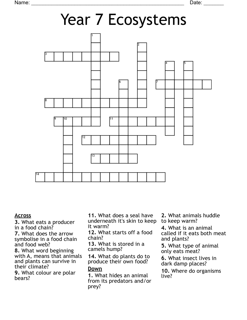 Year 7 Ecosystems Crossword