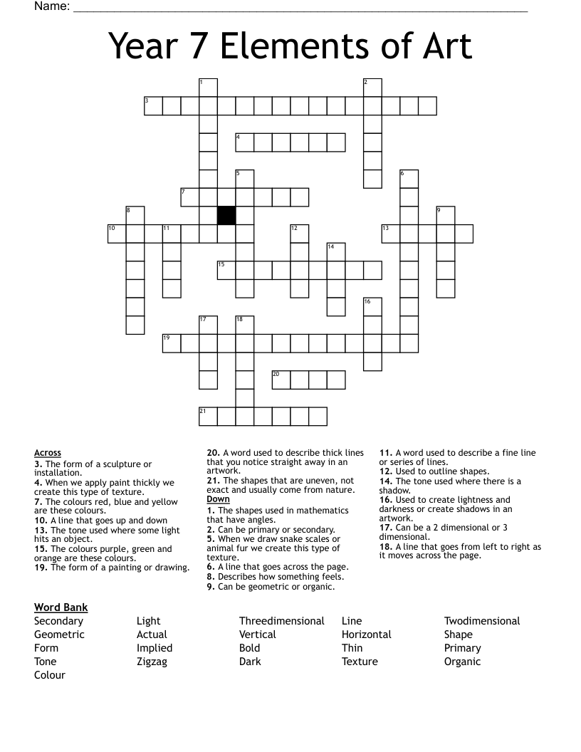 Year 7 Elements of Art Crossword