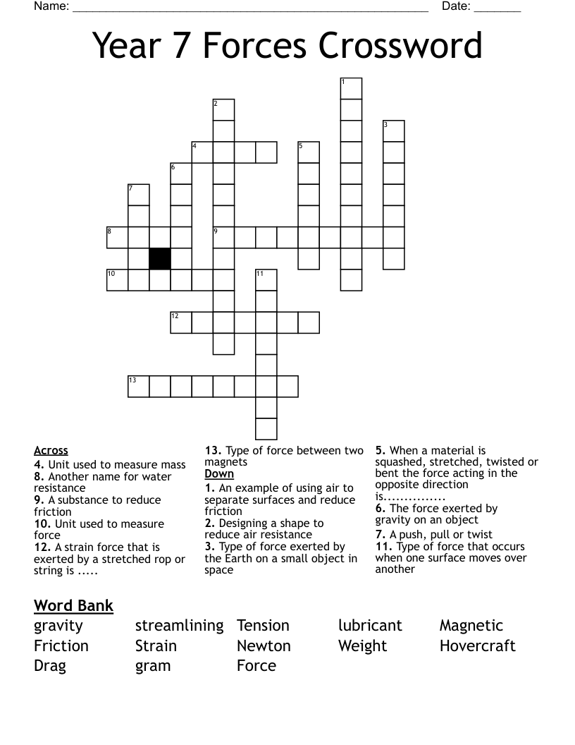 Year 7 Forces Crossword