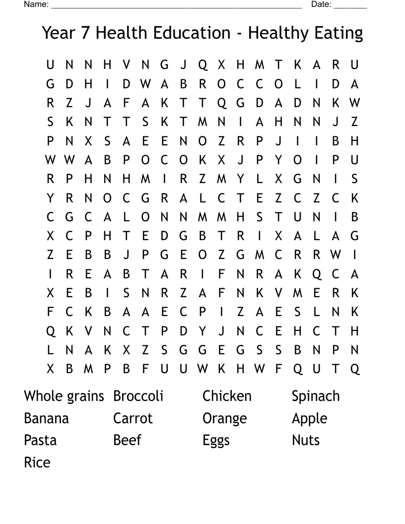 Year 7 Health Education - Healthy Eating Word Search