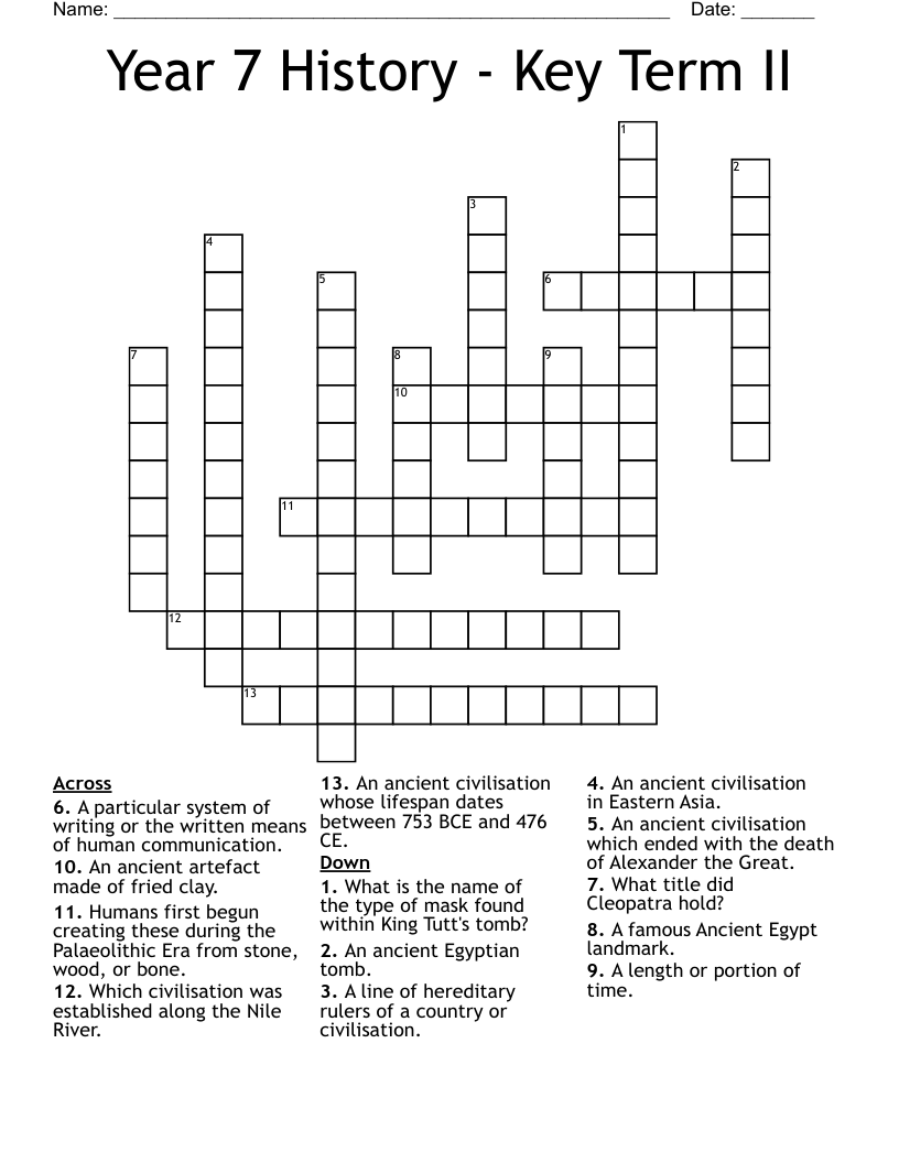 Year 7 History - Key Term II Crossword