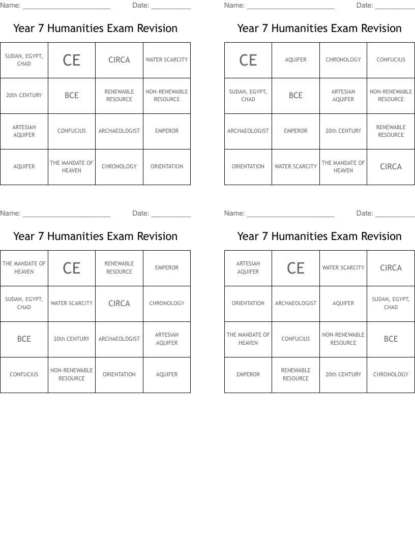 Year 7 Humanities Exam Revision Bingo Cards