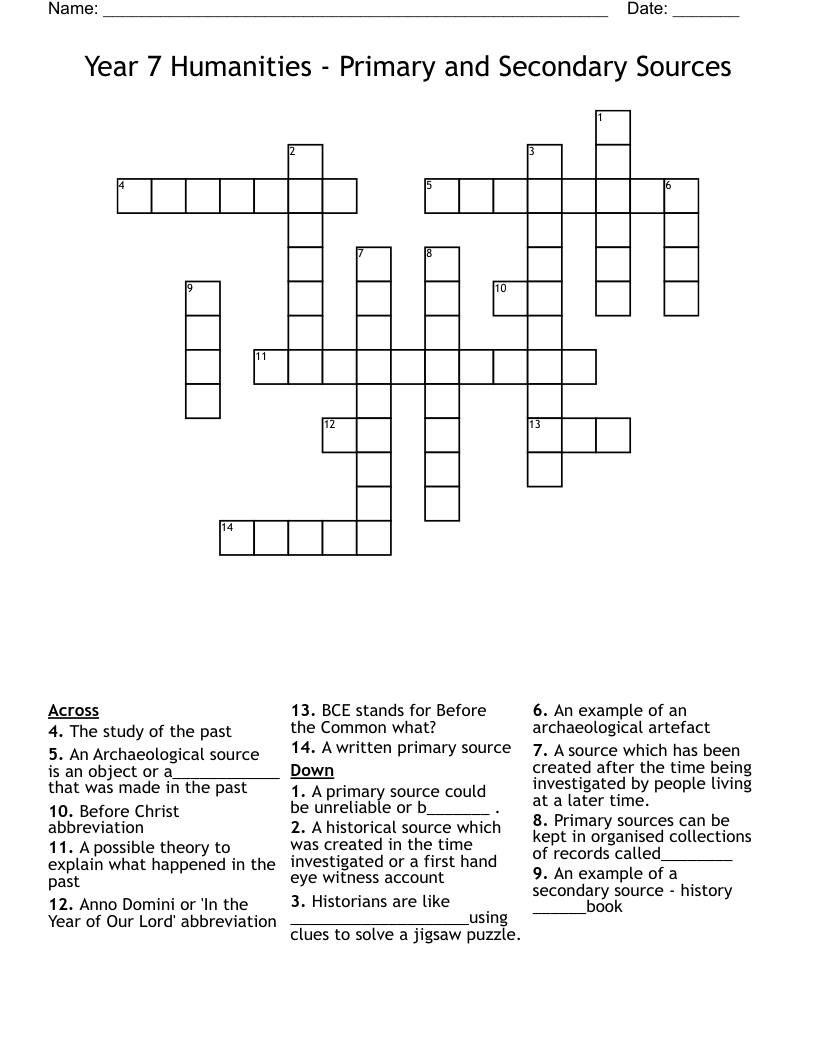 Year 7 Humanities - Primary and Secondary Sources Crossword