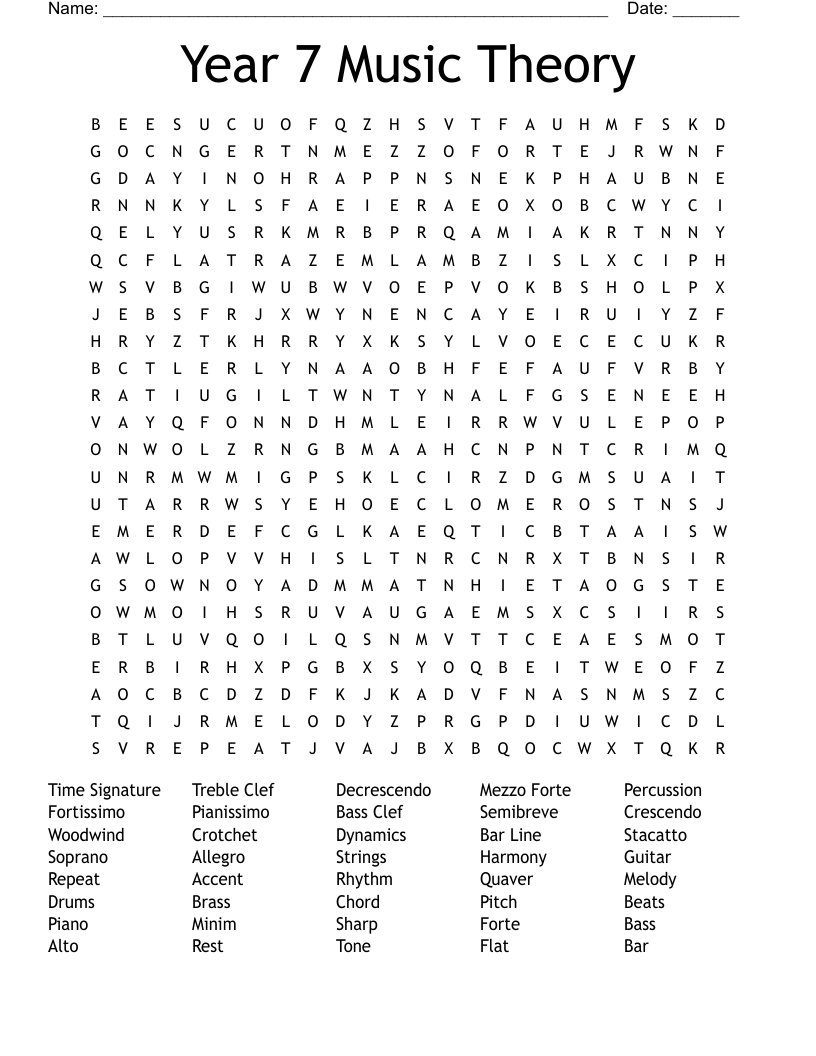 Year 7 Music Theory Word Search