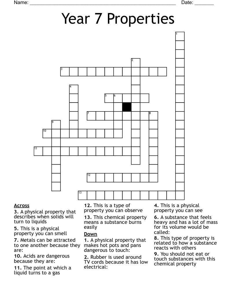 Year 7 Properties  Crossword
