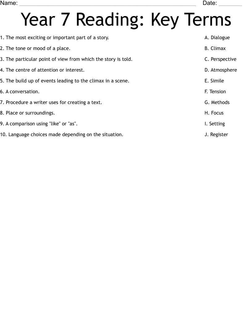 Year 7 Reading: Key Terms Worksheet