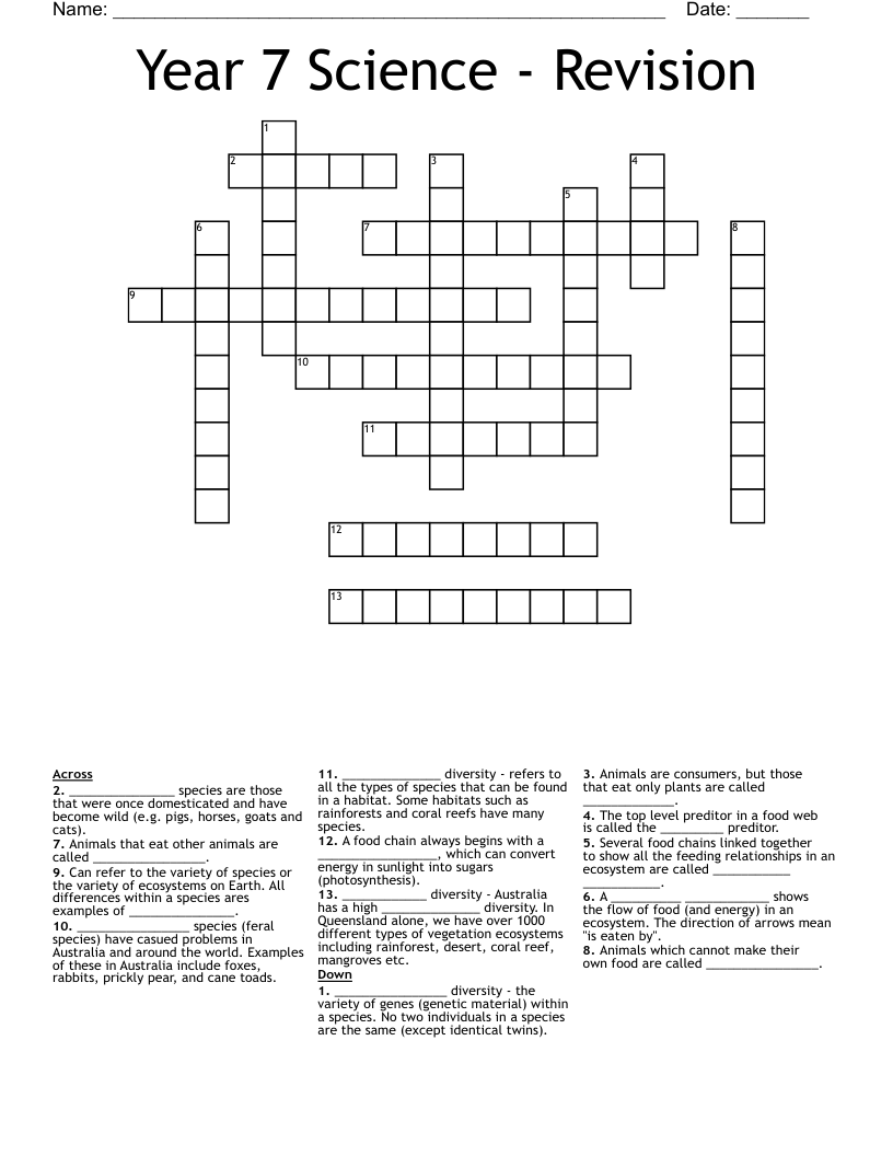 Year 7 Science - Revision Crossword