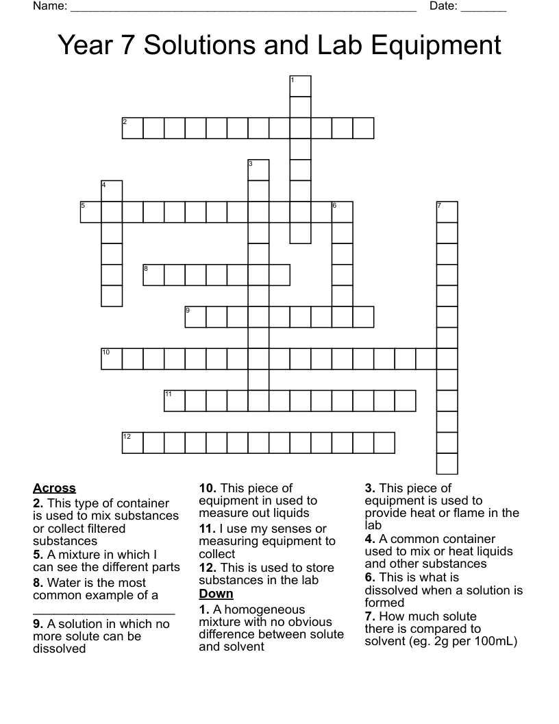 Year 7 Solutions and Lab Equipment Crossword