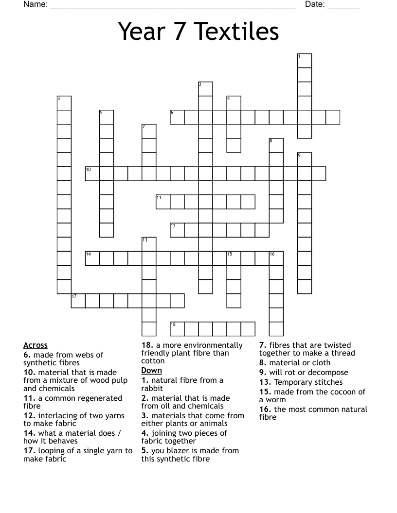 Year 7 Textiles Crossword
