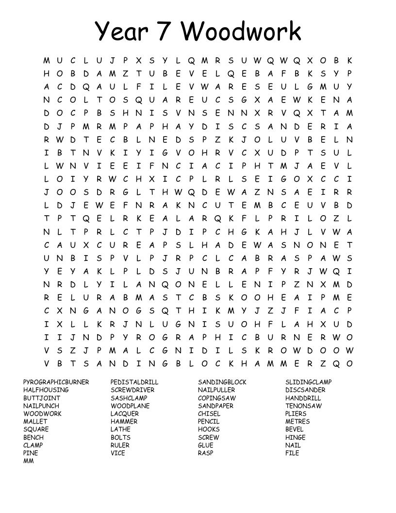 Year 7 Woodwork Word Search