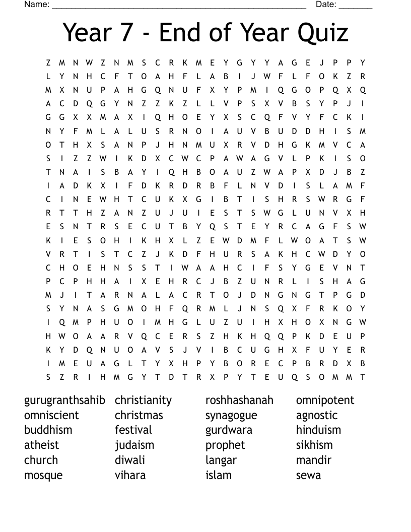Year 7 - End of Year Quiz Word Search