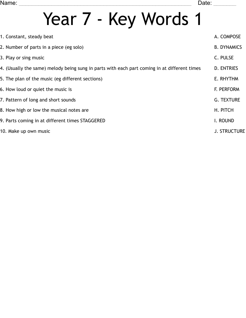 Year 7 - Key Words 1 Worksheet