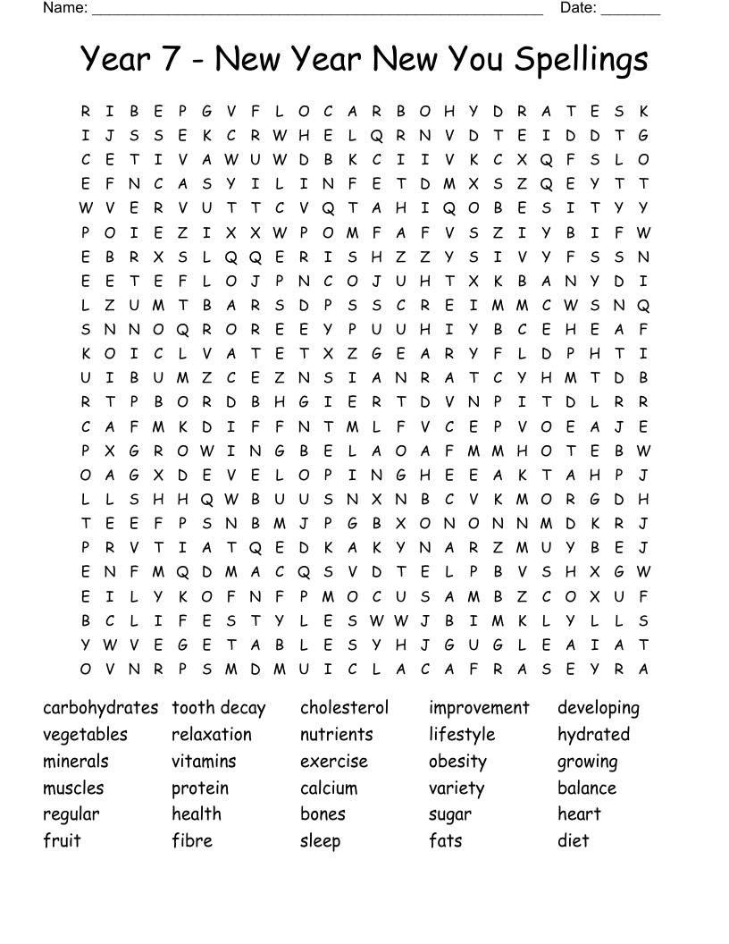 Year 7 - New Year New You Spellings  Word Search