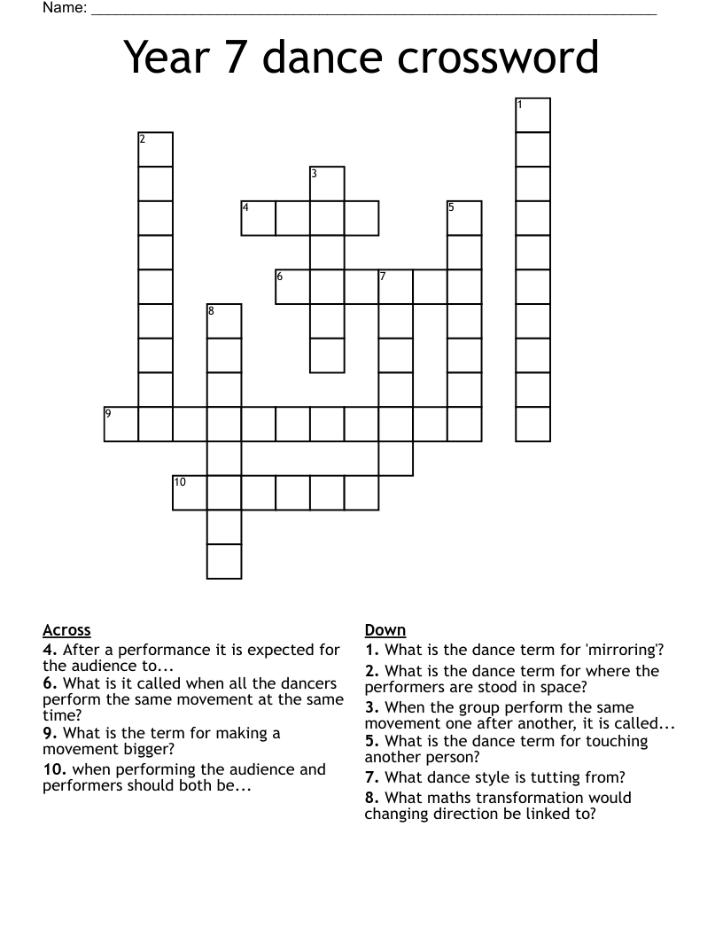 Year 7 dance crossword