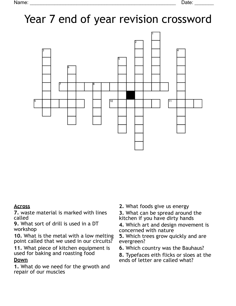 Year 7 end of year revision crossword